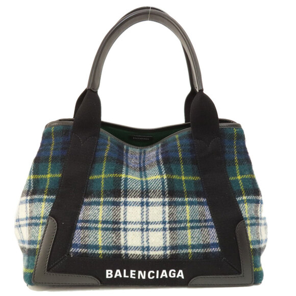 BALENCIAGA Navy Cabas Checkered Wool Handbag - Picture 11 of 11